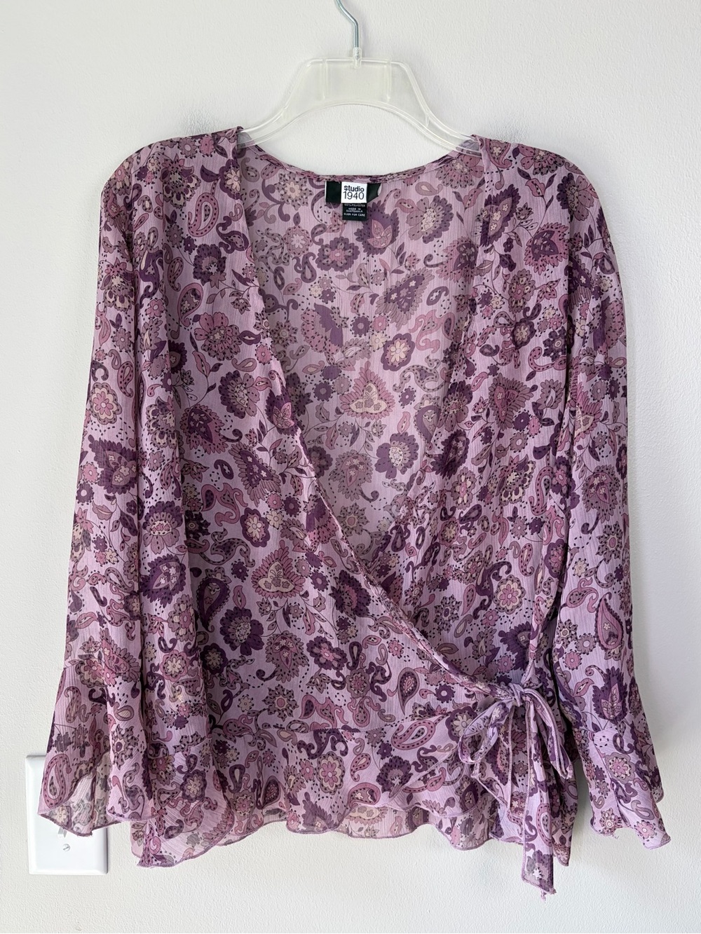Studio 1940 Vintage Y2K Purple Paisley Print Sheer Wrap Top Blouse